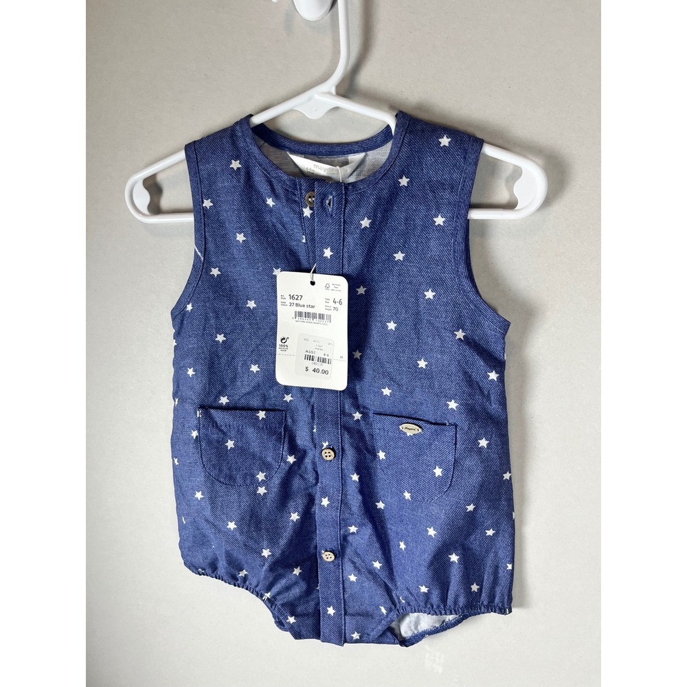 Mayoral Newborn Boys Blue Star Print Sleeveless Romper 1627 Size 4-6 Months NWT